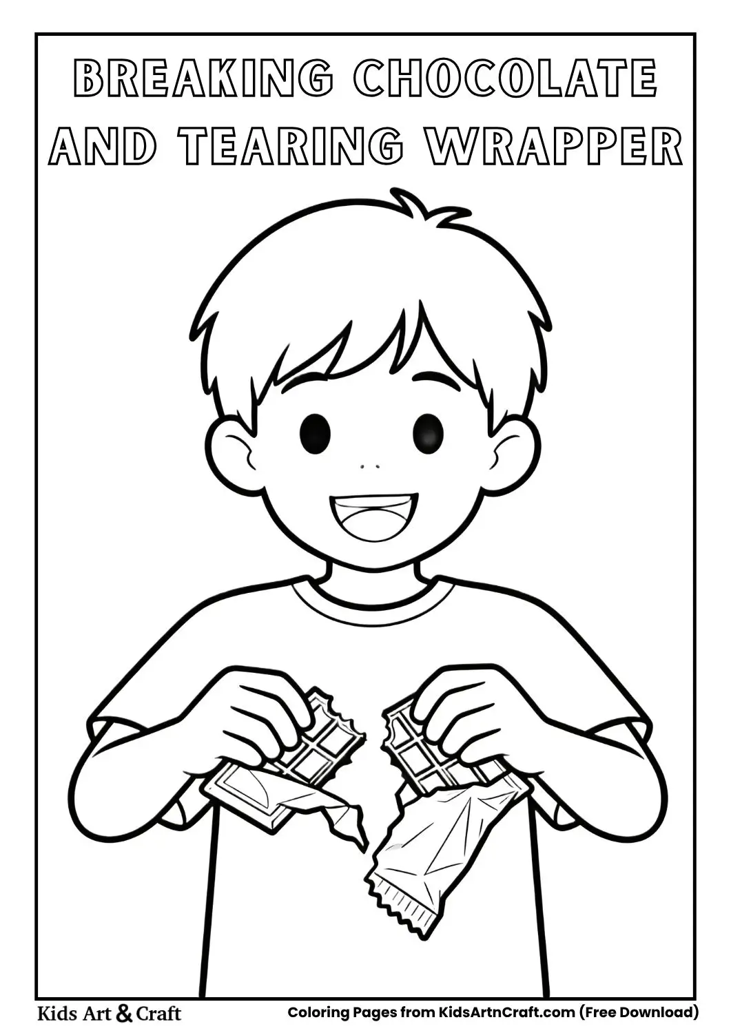 Child breaking chocolate and tearing wrapper coloring page