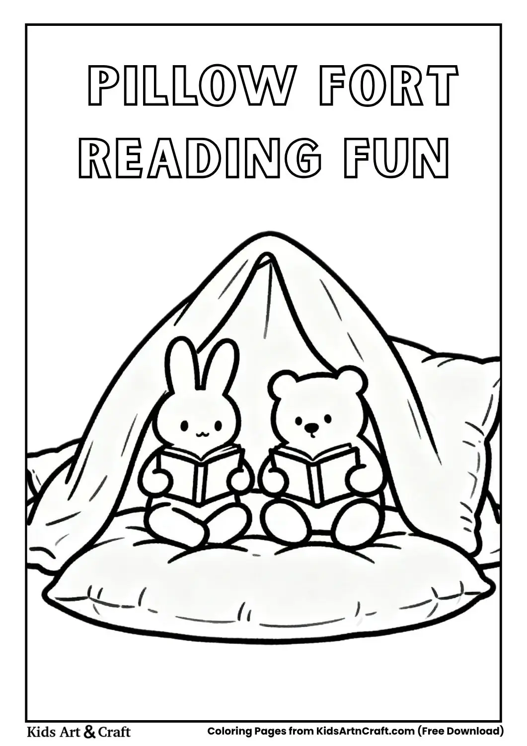 Bunny and Bear reading under blanket in pillow fort coloring page