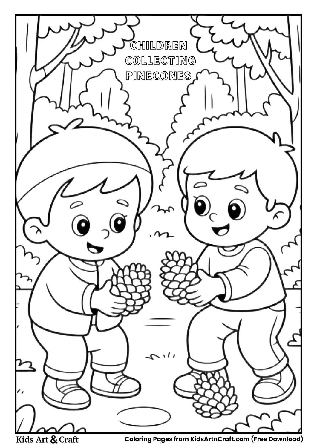 Children picking pinecones in a forest during autumn, simple coloring page.