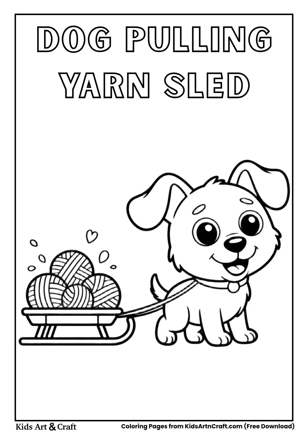 Dog pulling a small sled with yarn balls kids’ coloring page