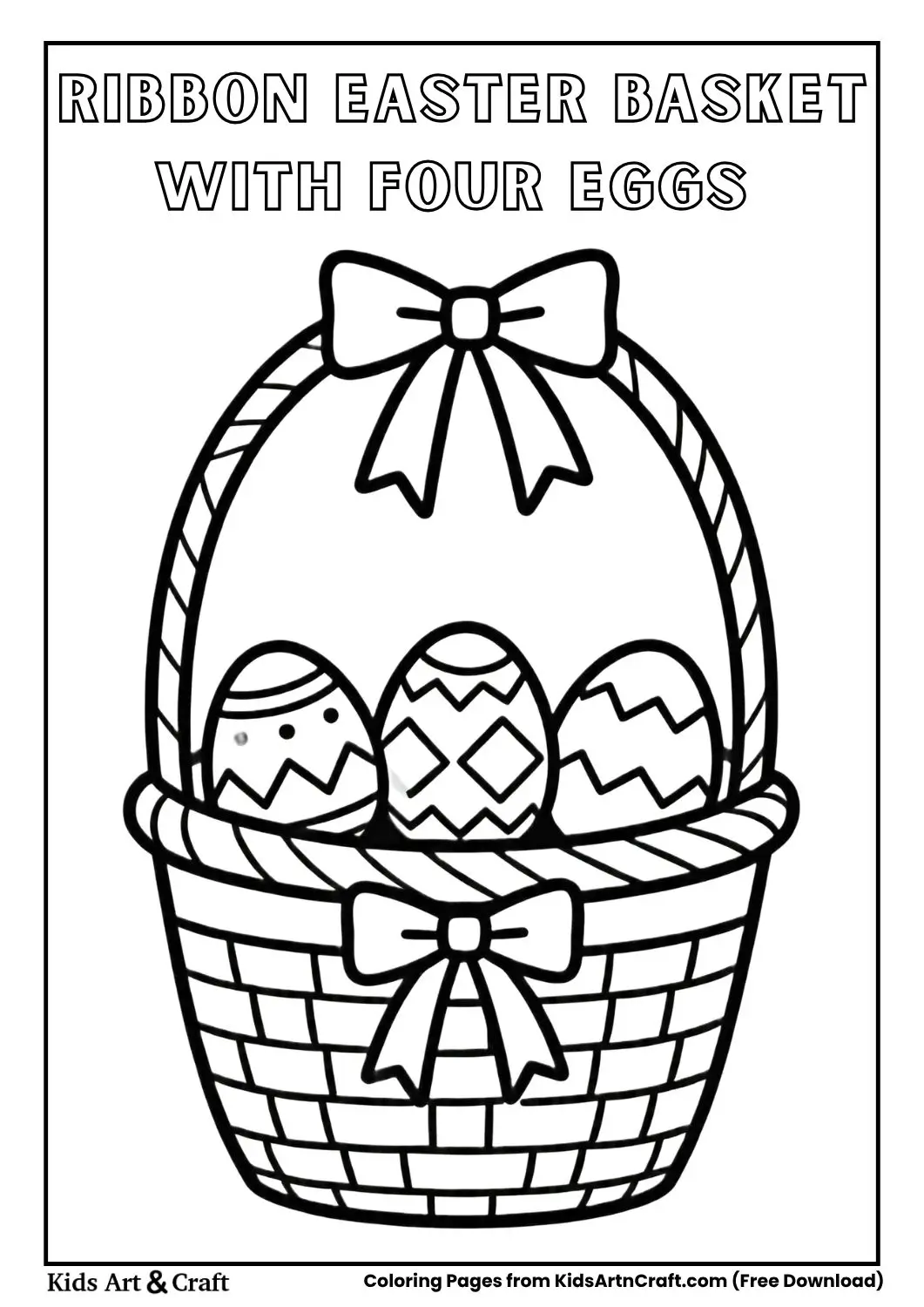 Easter basket with ribbon and four patterned eggs coloring page