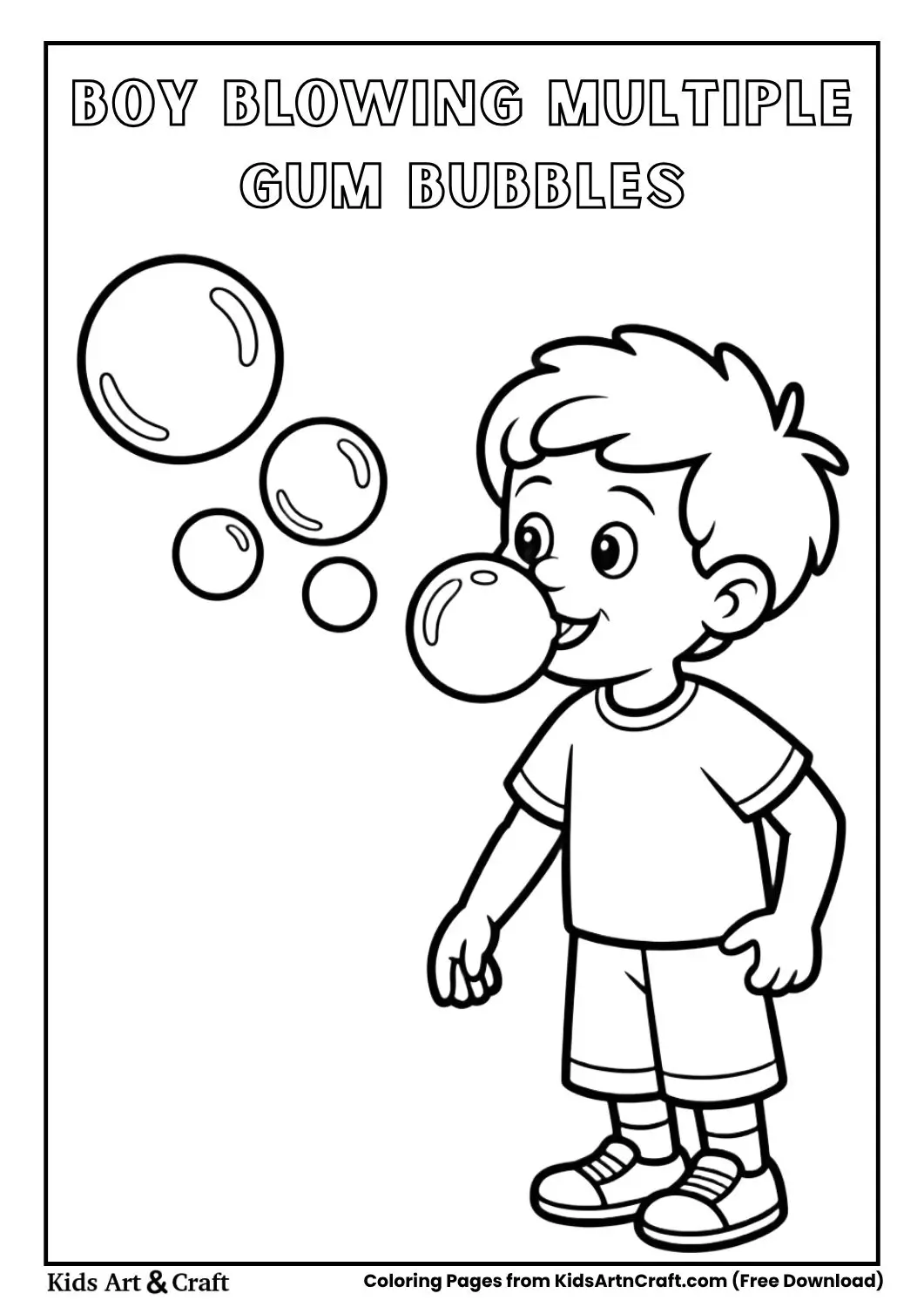 cartoon boy blowing multiple bubble gum bubbles playful coloring page