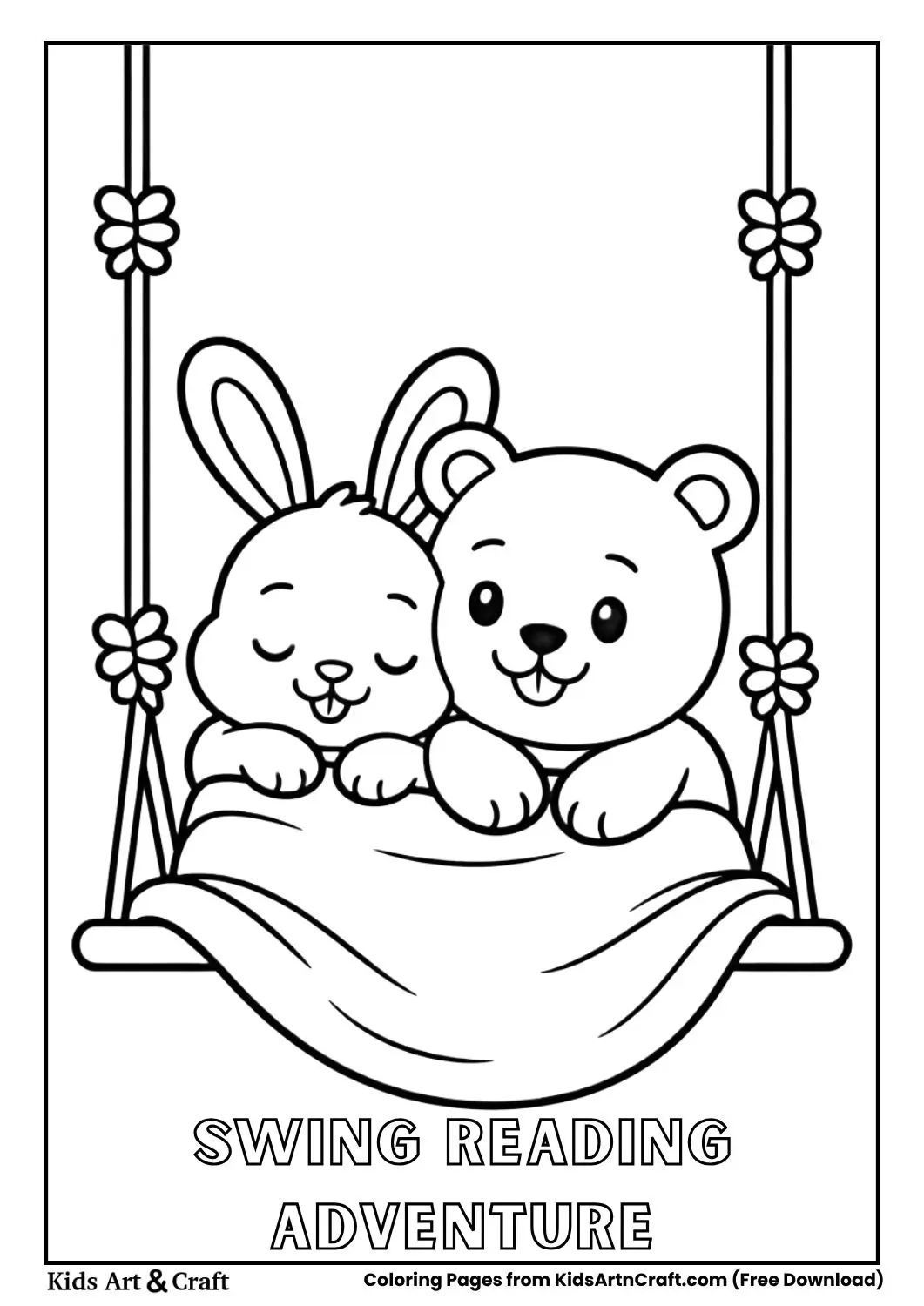 Bunny and Bear reading under blanket on swing coloring page