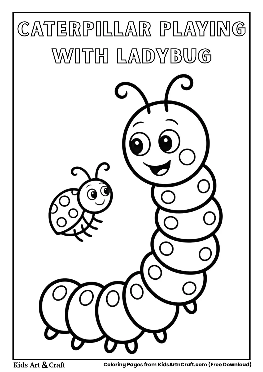 Smiling caterpillar playing with a small ladybug, black and white coloring page