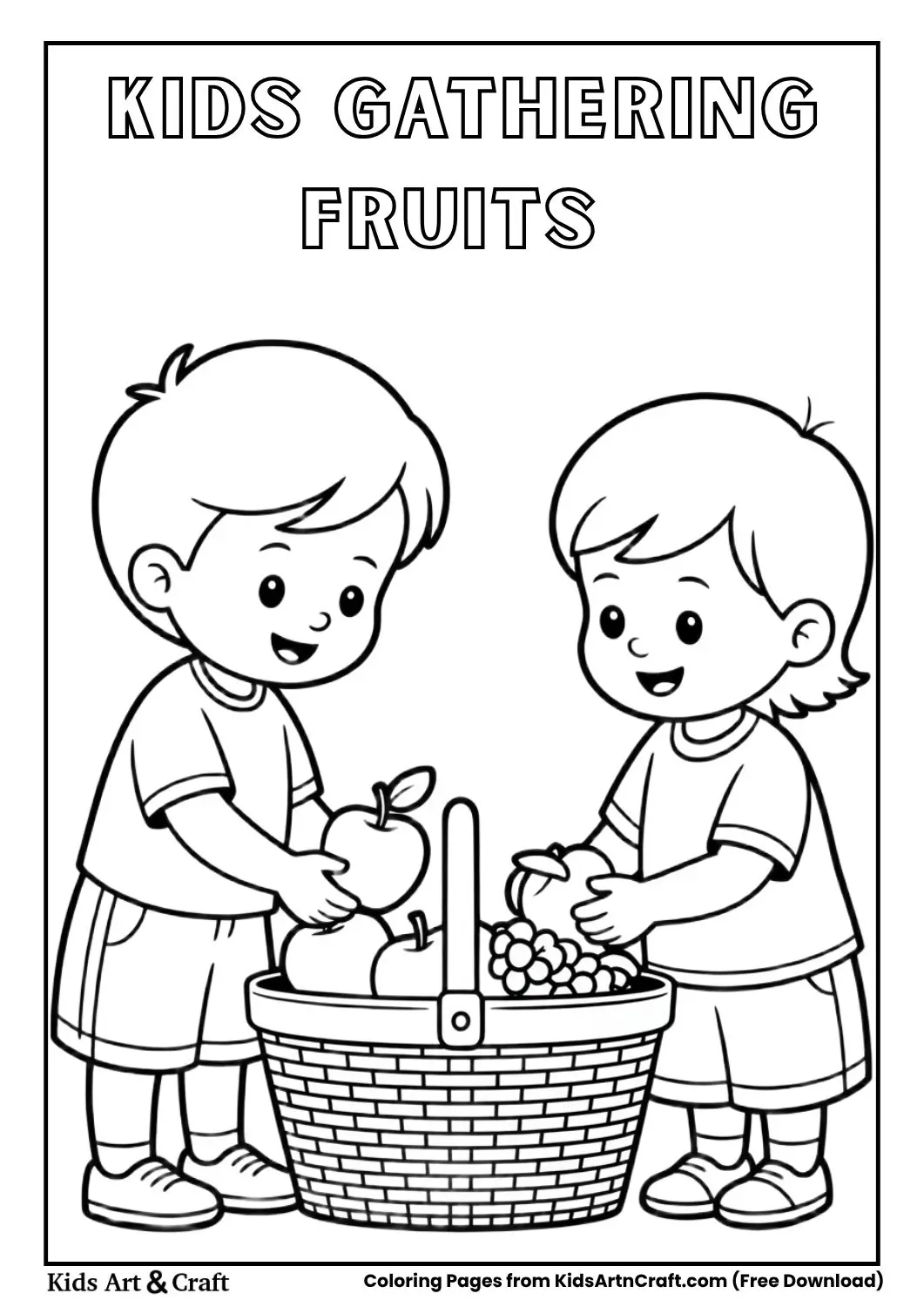Children collecting fruits in a picnic basket, black-and-white coloring page.