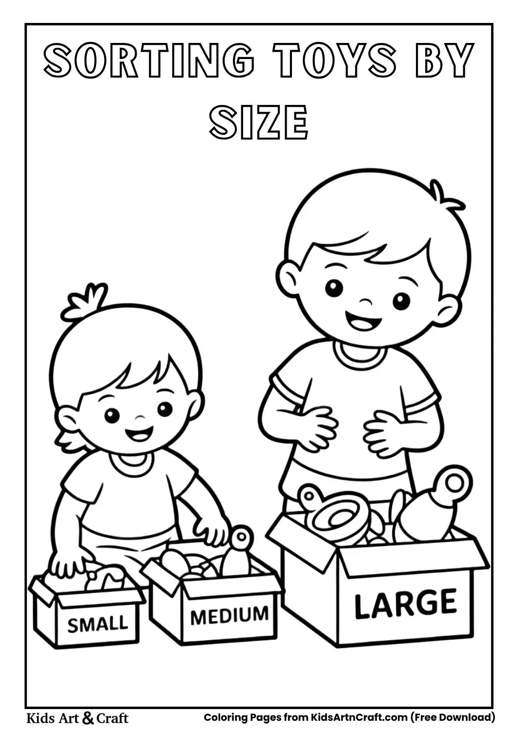 Children arranging toys by size into small, medium, and large boxes