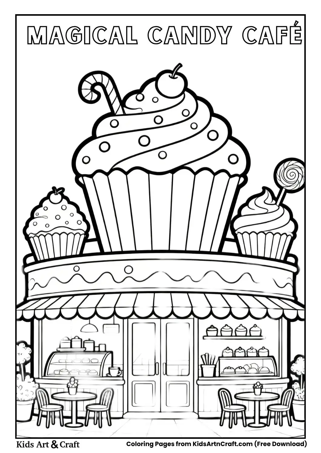 magical cafe with giant cupcakes and candy coloring page