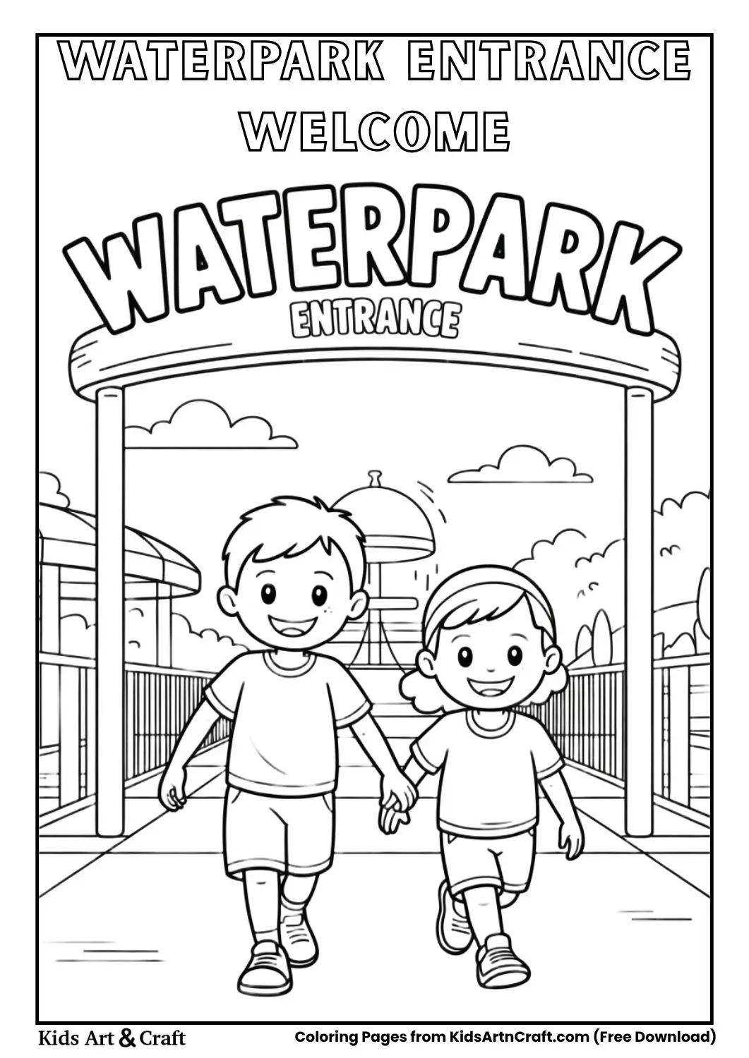 Waterpark entrance sign with kids walking in
