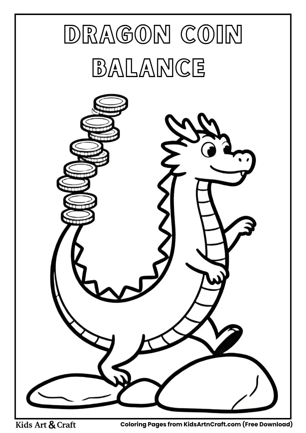 Dragon balancing coins on its tail while tiptoeing across rocks