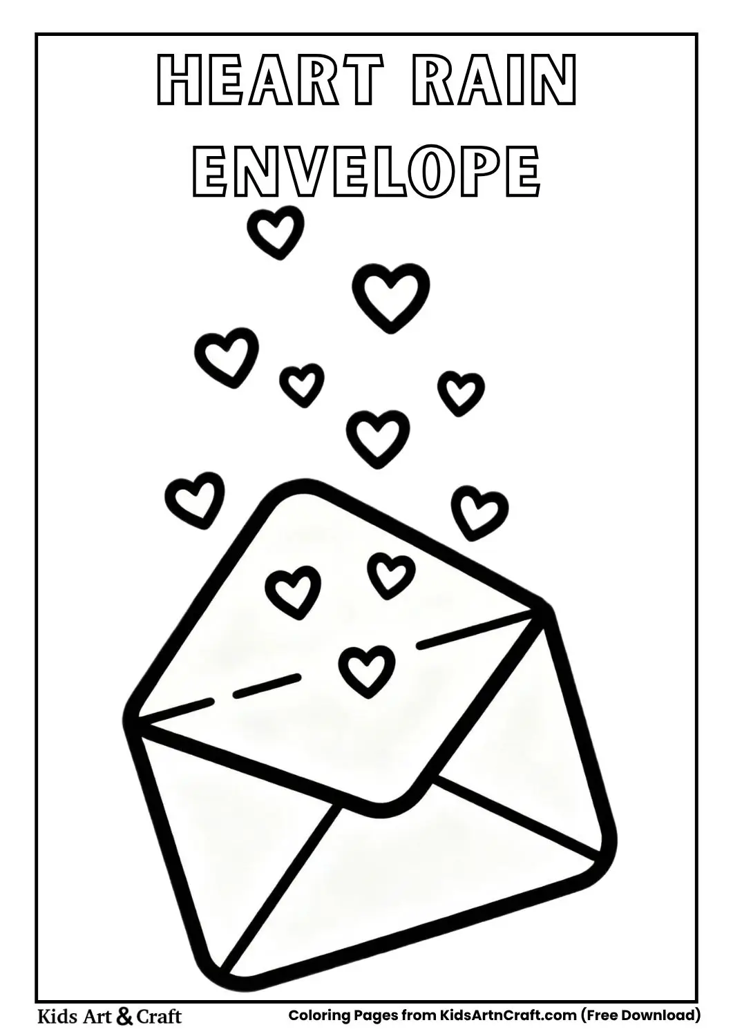 Envelope with hearts raining down coloring page