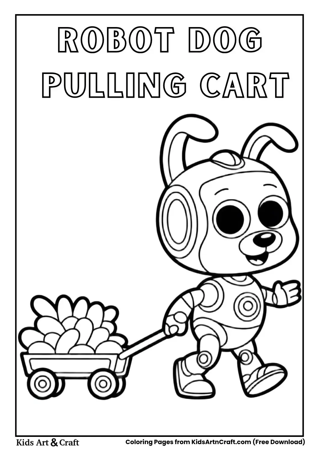 Robot dog pulling a small cart kids’ coloring page