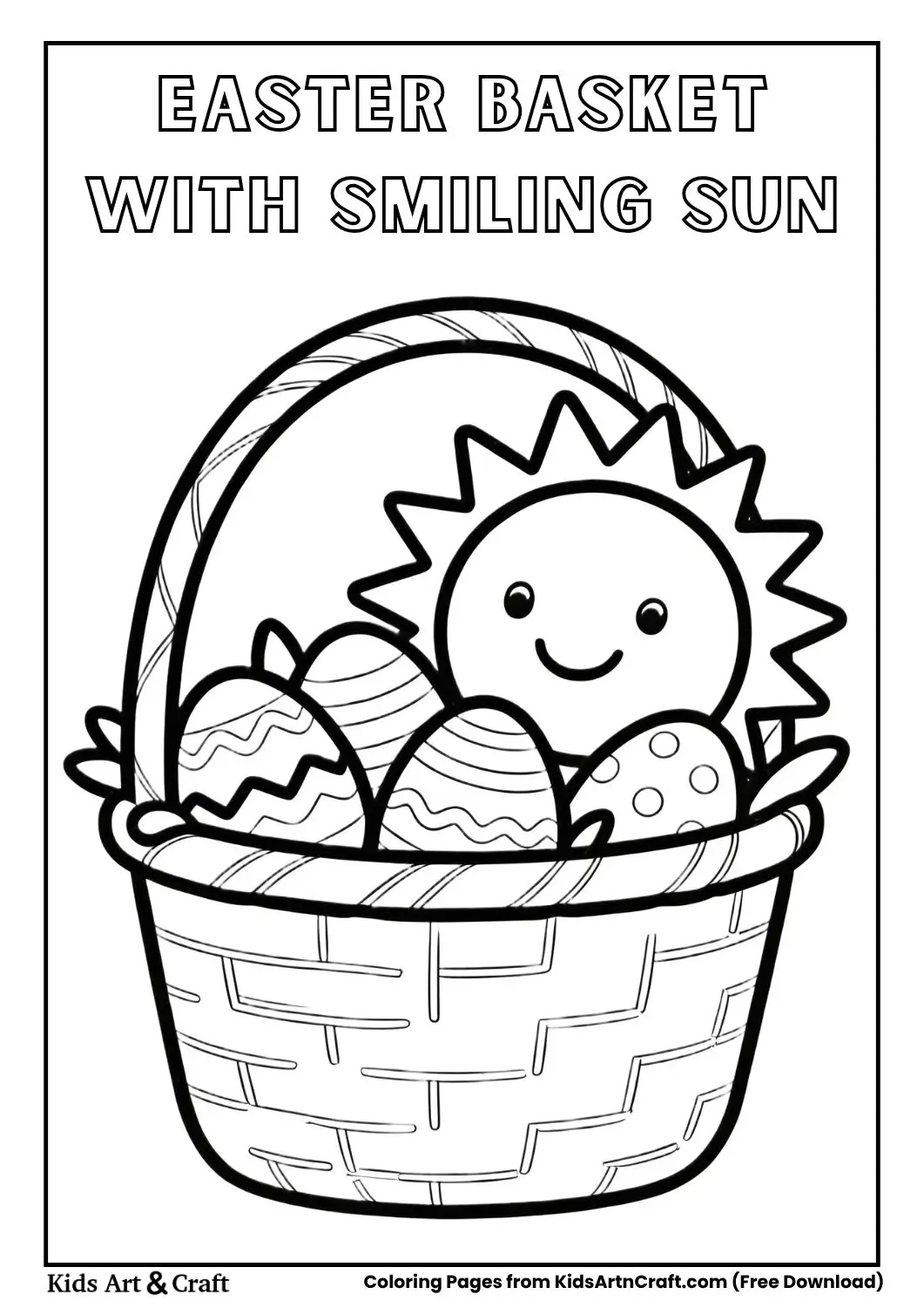 aster basket with eggs and smiling sun coloring page