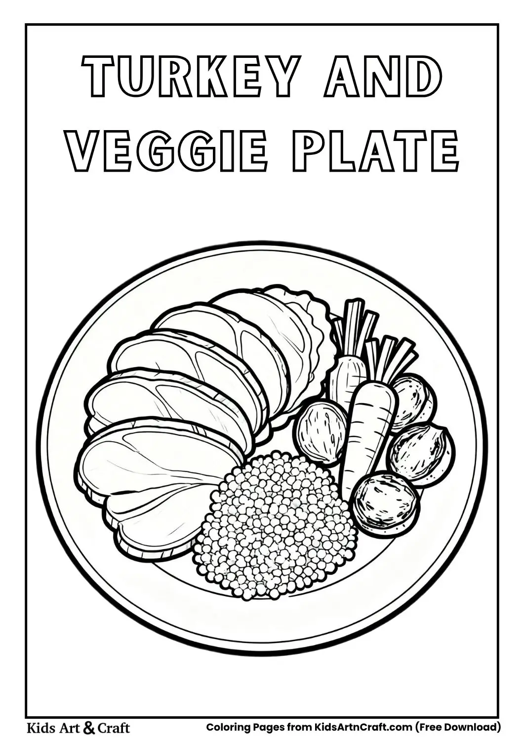 Black and white coloring page of a plate with turkey slices, quinoa, and roasted vegetables