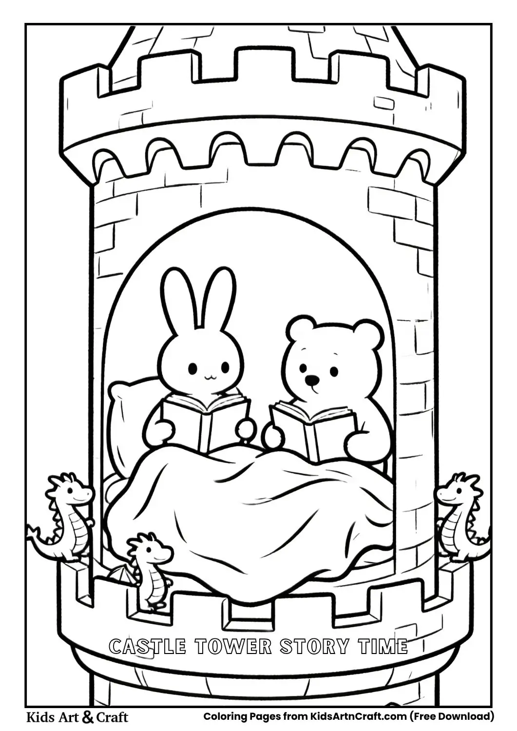 Bunny and Bear reading under blanket in castle tower coloring page