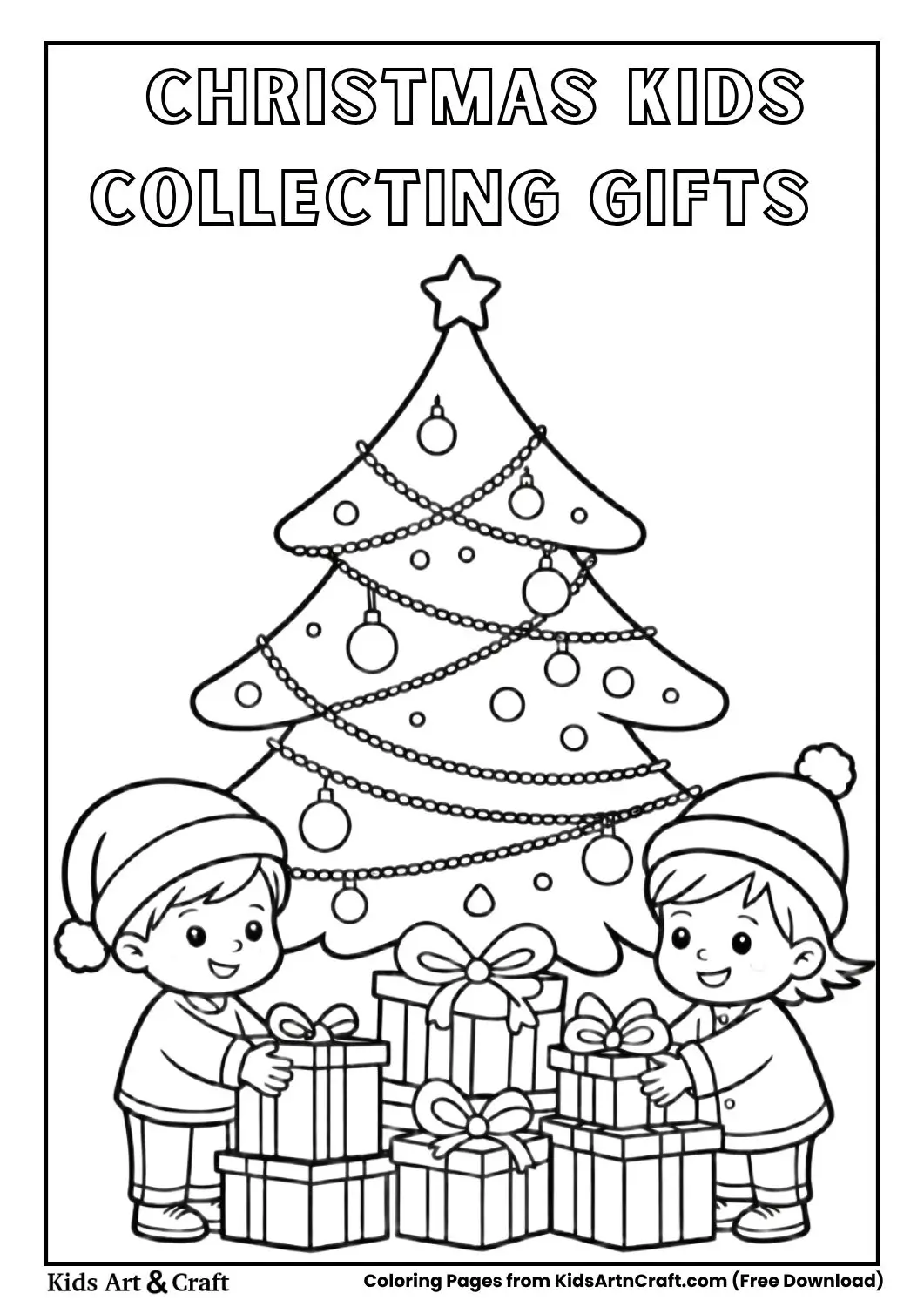 Children gathering Christmas gifts under a tree, black-and-white coloring page.