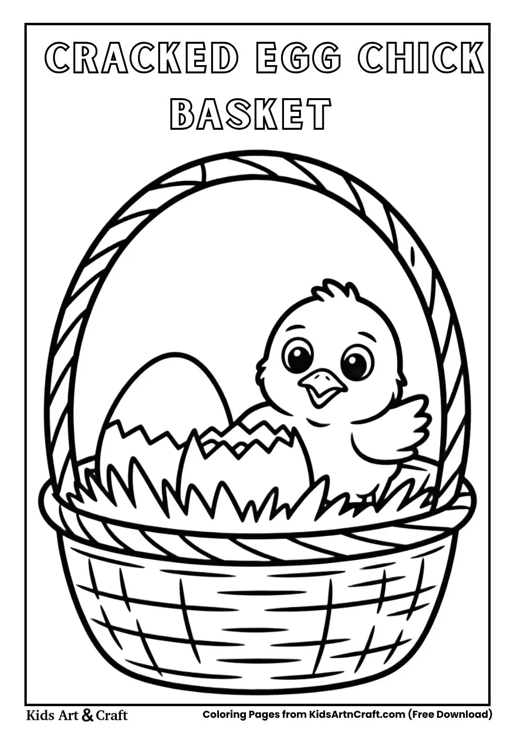 Easter basket with cracked egg and chick peeking out coloring page