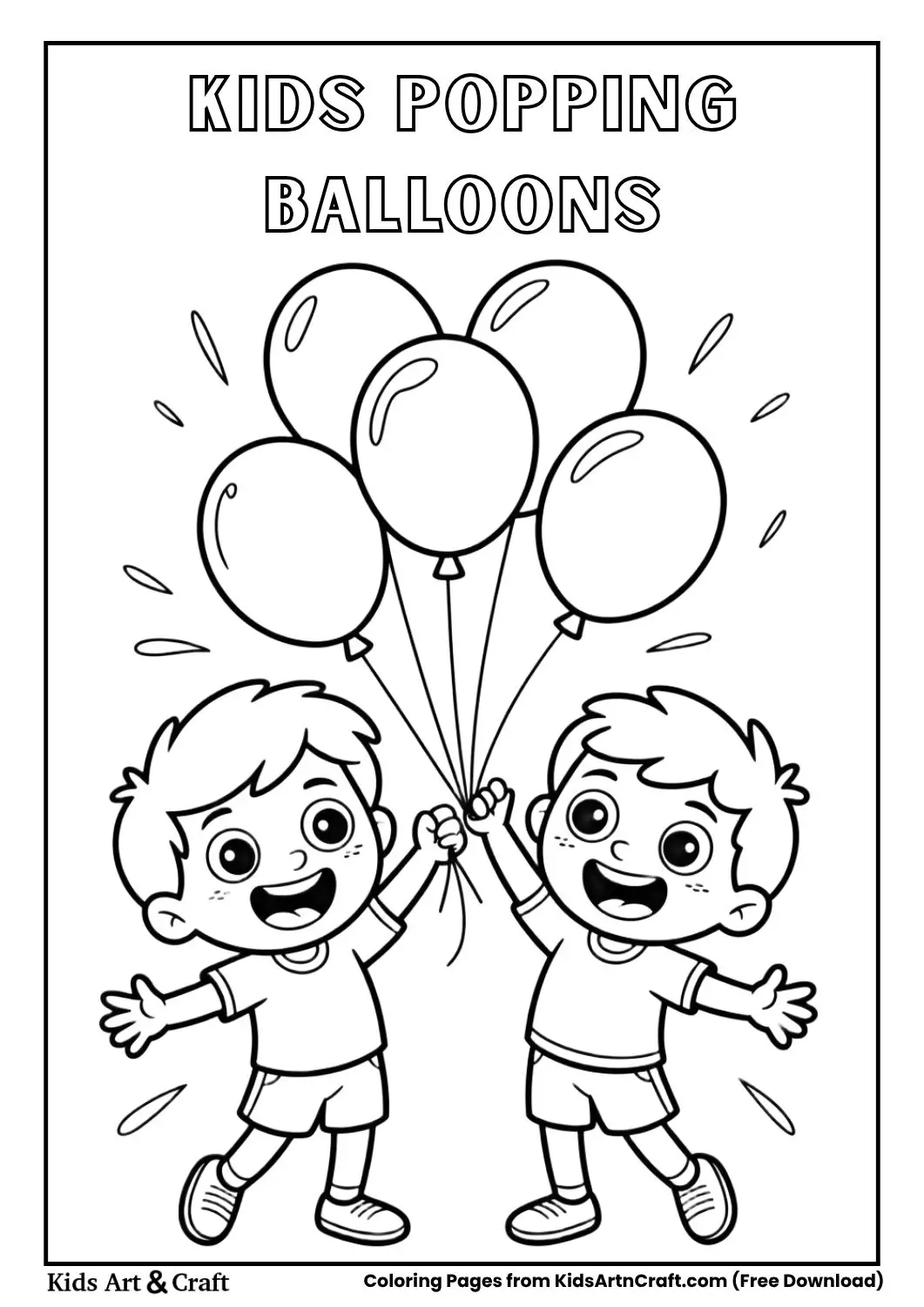Children popping balloons, playful black and white line art