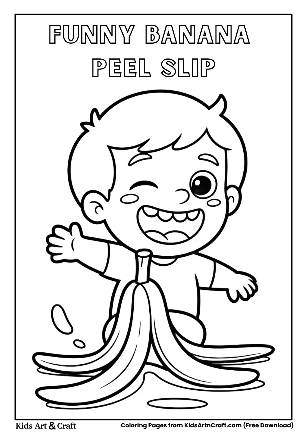 Child slipping on a banana peel cartoon coloring page