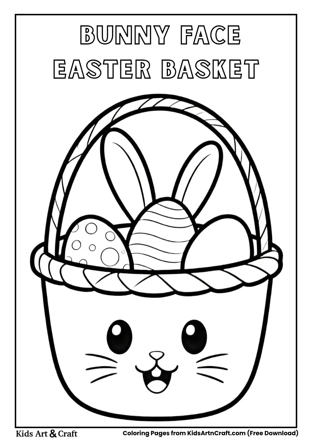 Easter basket with bunny face design and eggs coloring page
