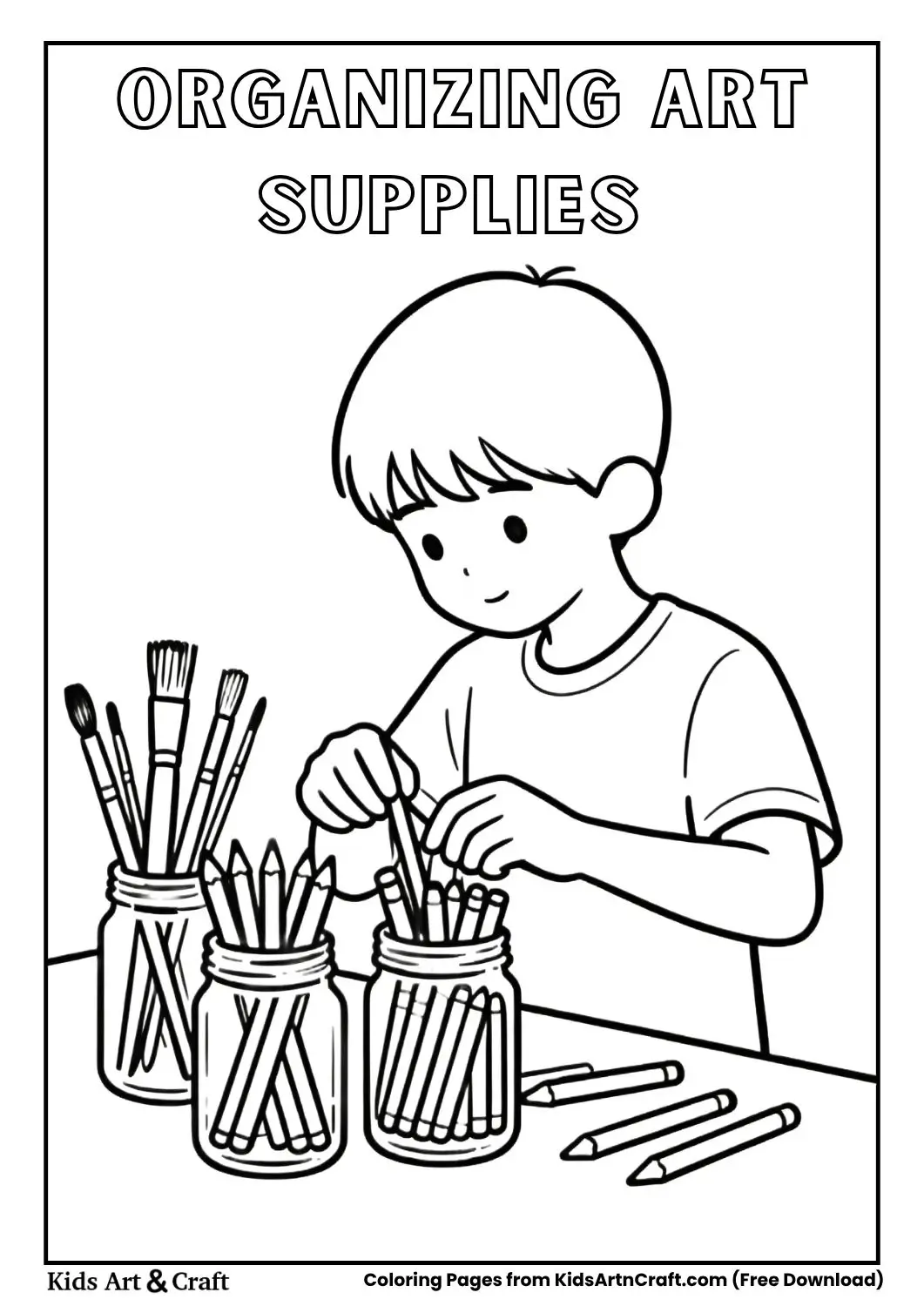 Child arranging paintbrushes, crayons, and pencils into containers