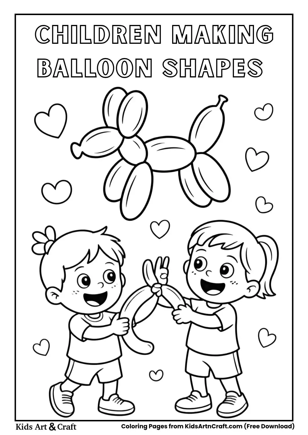 Kids twisting and making balloon shapes, black and white line art
