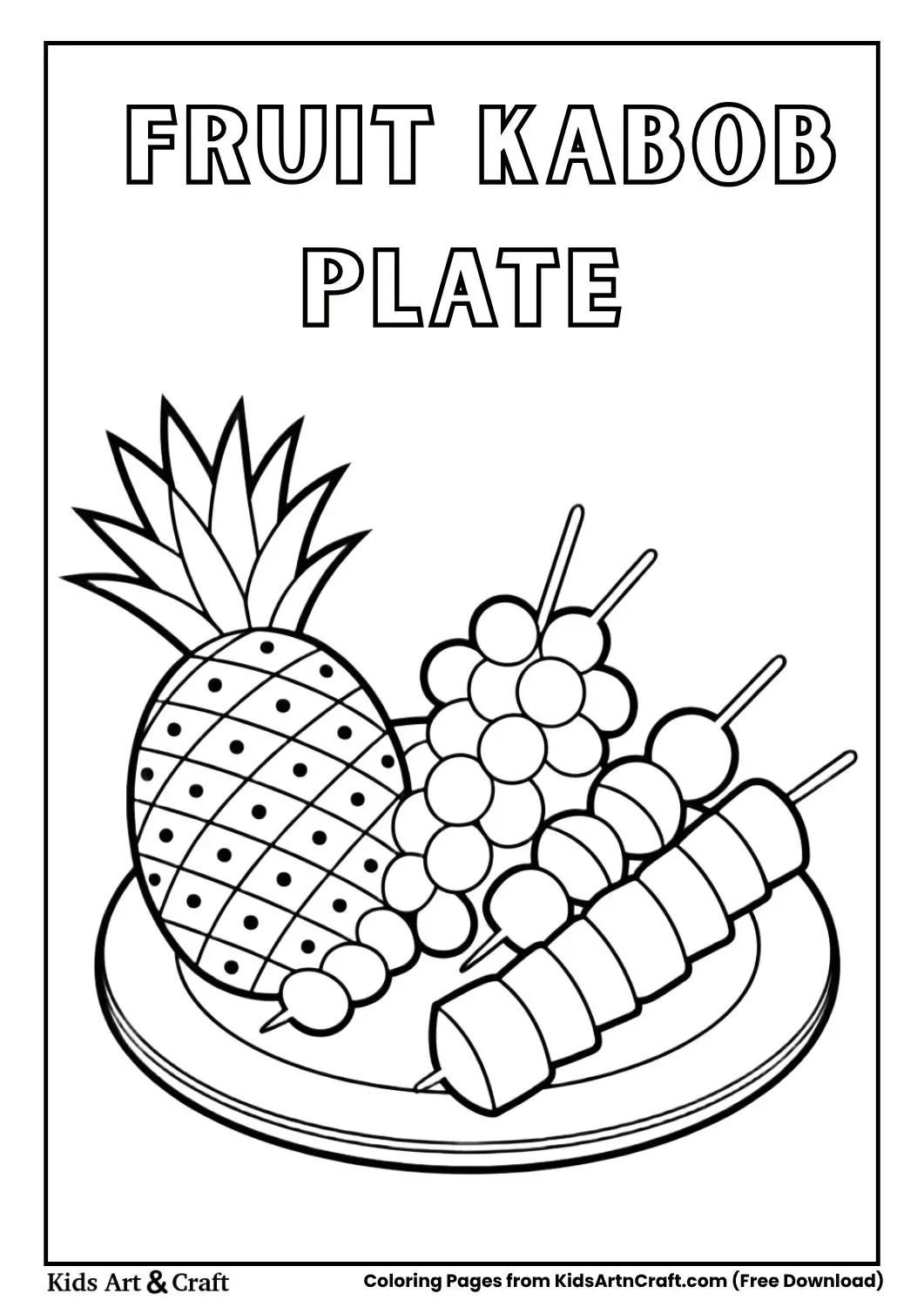 Black and white coloring page of a plate with fruit kabobs: pineapple, grapes, and melon chunks