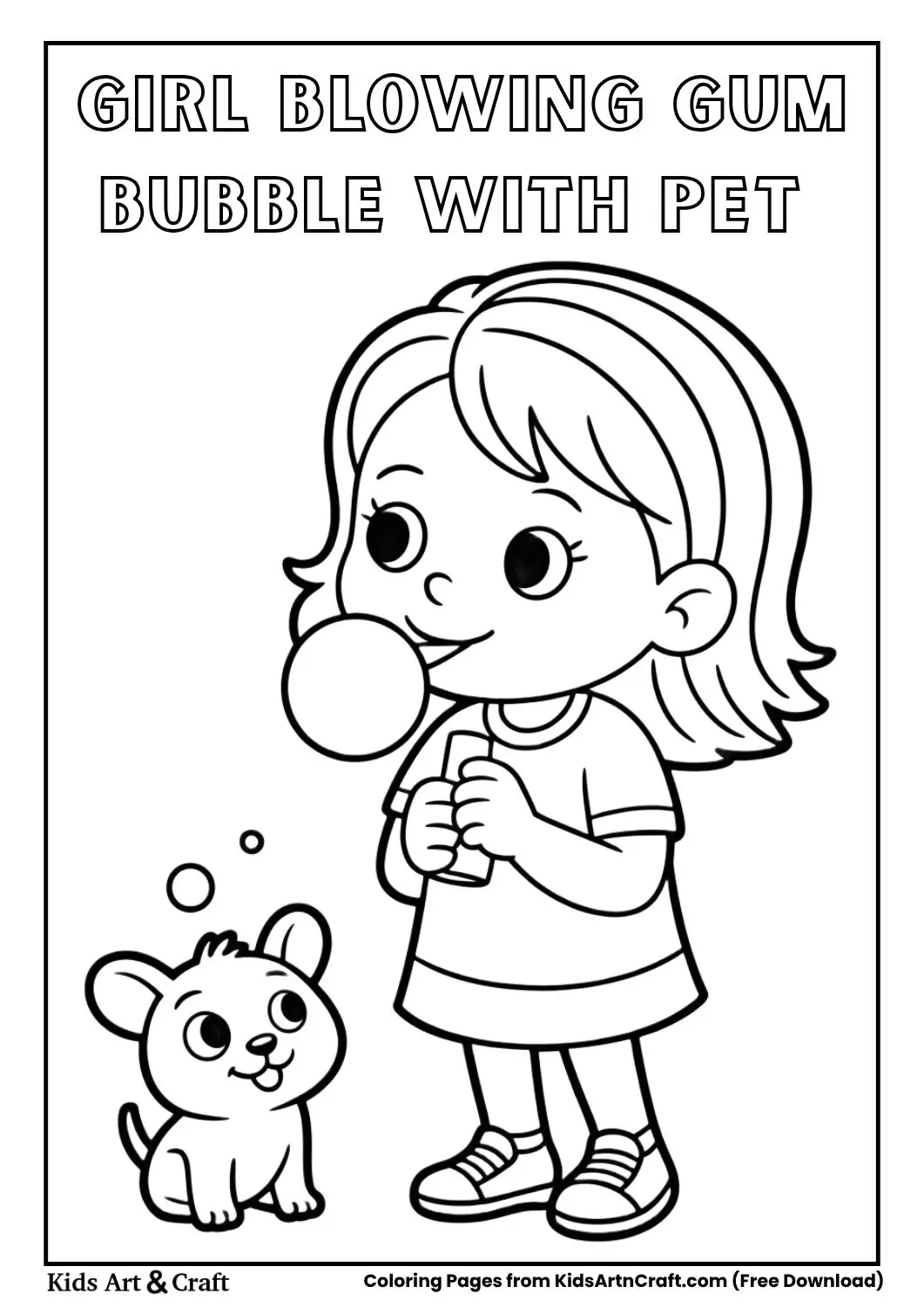 child blowing bubble gum balloon with small pet watching coloring page