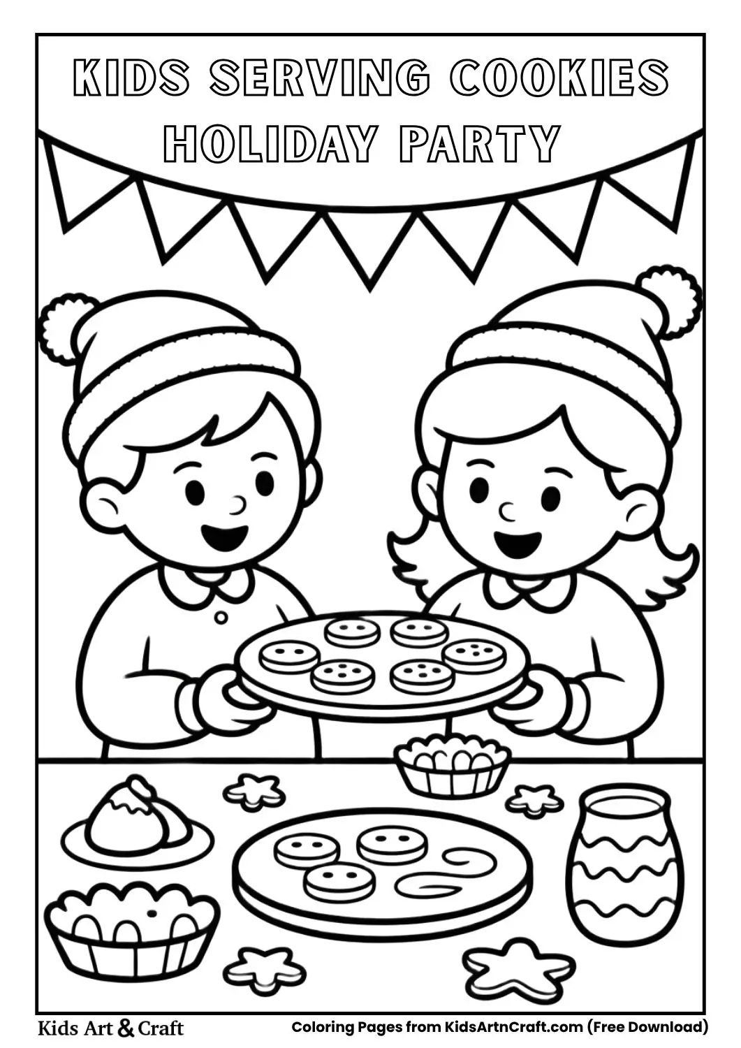 Kids serving cookies holiday party coloring page