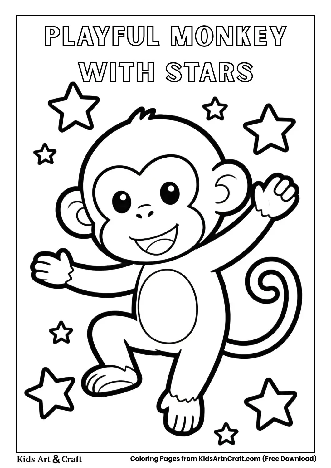 Monkey with stars black and white coloring page for kids