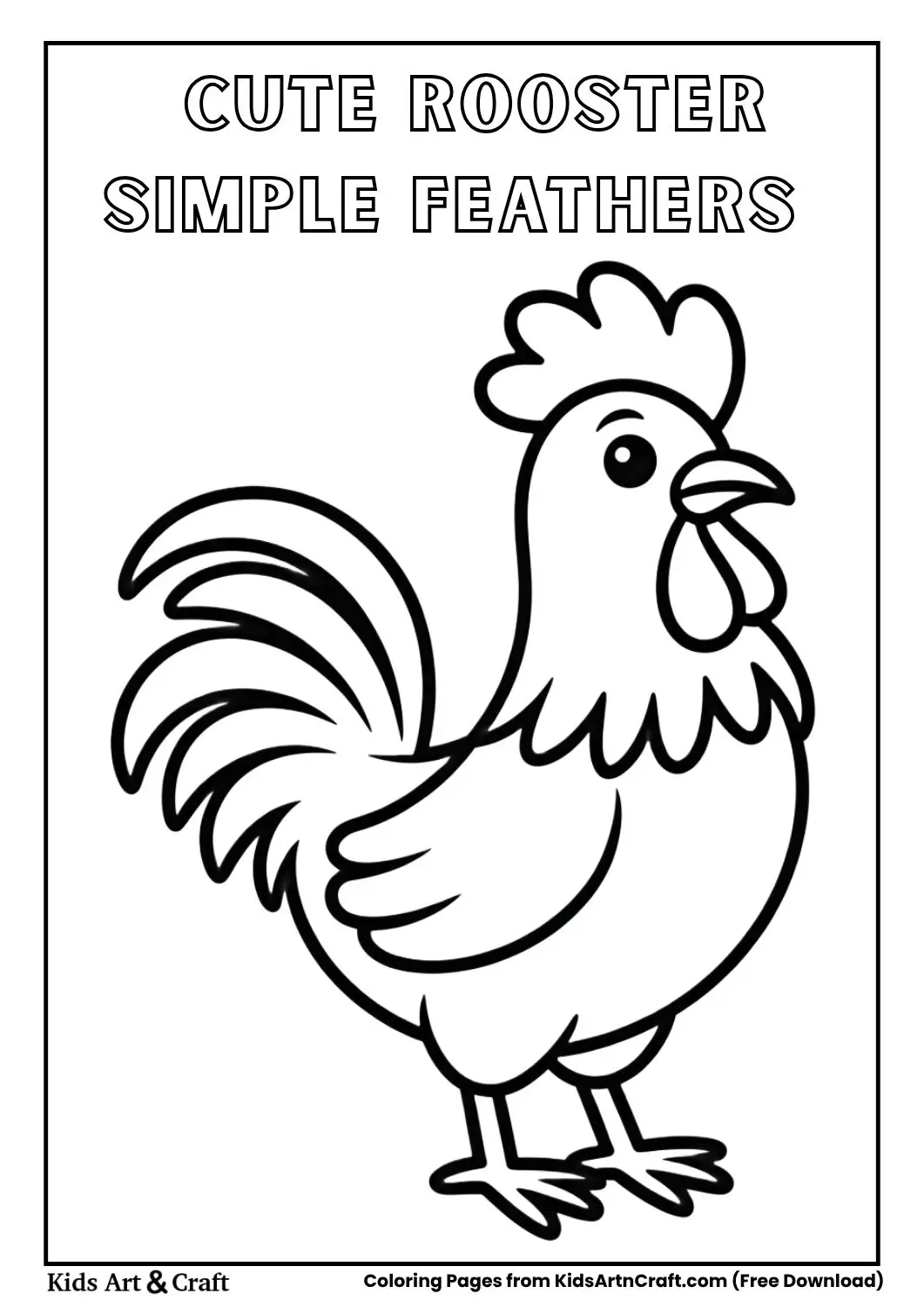 Cute rooster with simple feathers black and white coloring page