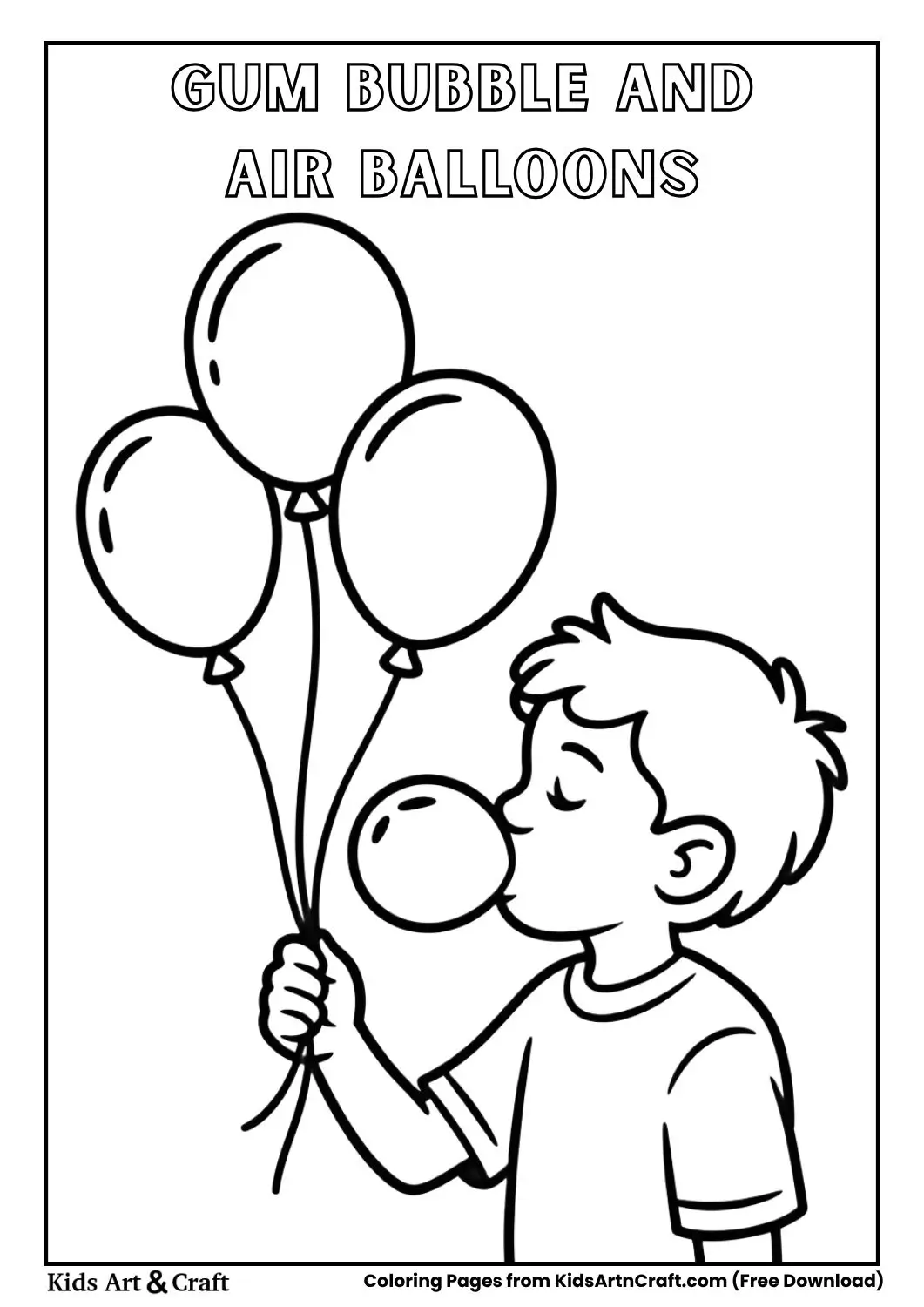 child blowing gum bubble with floating balloons simple coloring page