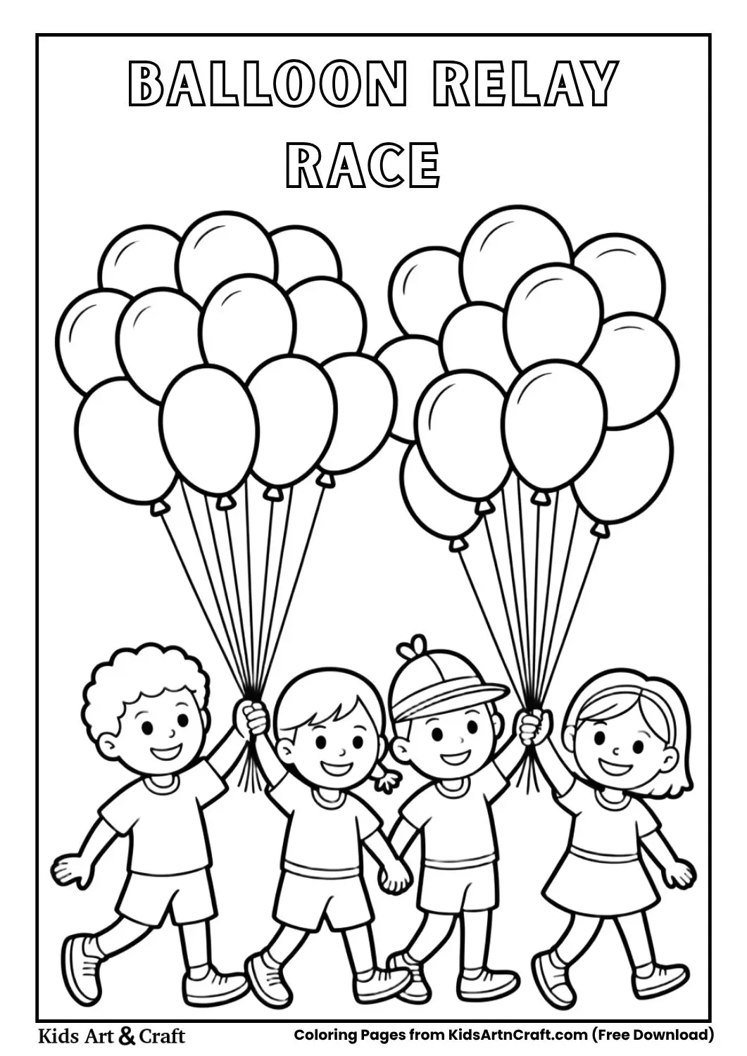 Children holding balloon bouquets in a parade, black and white line art