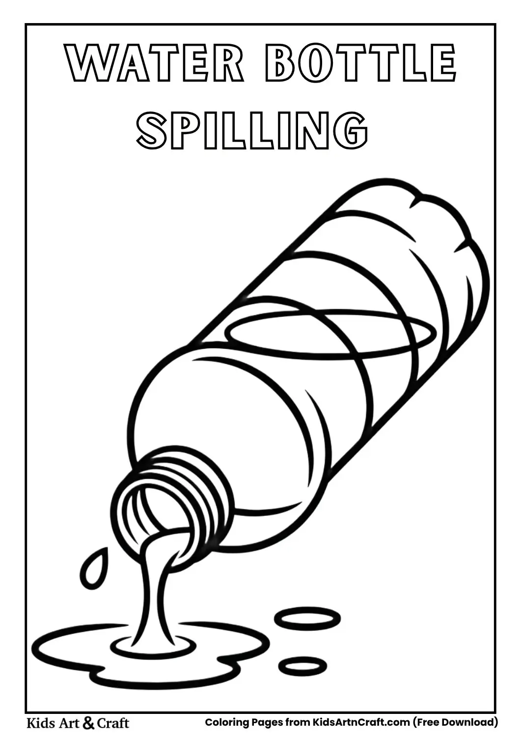 Simple water bottle lying on its side and water spilling coloring page