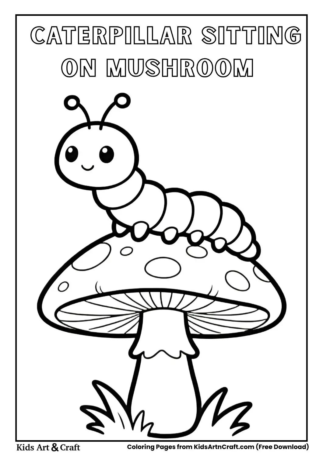 Cute caterpillar sitting on a mushroom, simple black and white coloring page