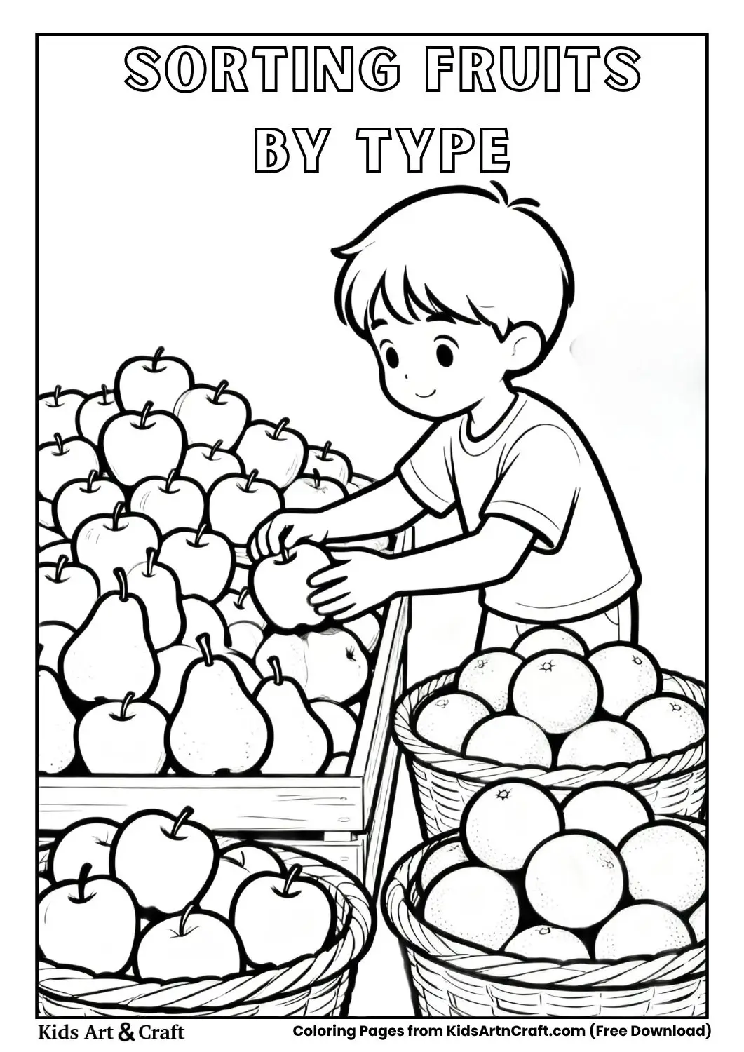 Child sorting fruits into separate baskets by type, black and white coloring page