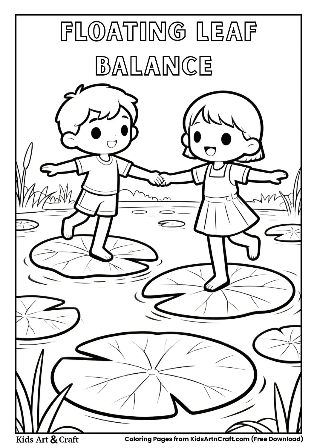 Children balancing on floating leaves in a pond holding hands