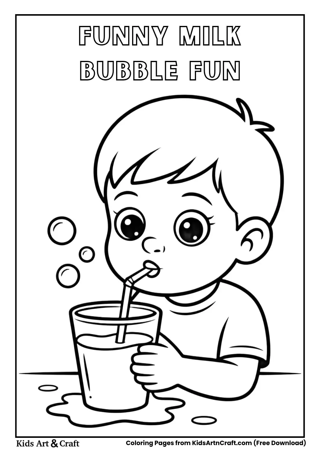 Child blowing bubbles in milk using a straw coloring page