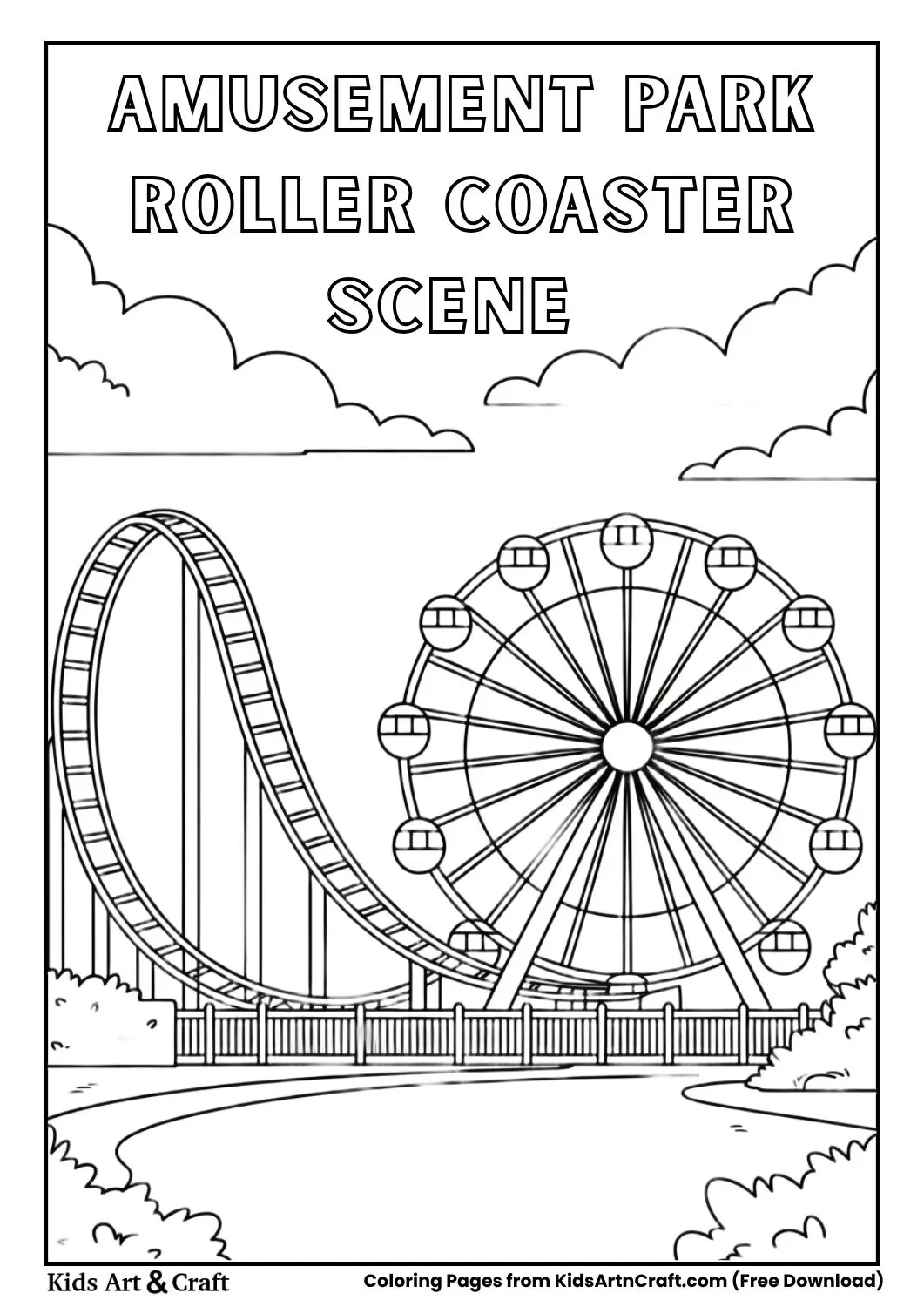 Small amusement park with roller coaster and Ferris wheel, simple black and white line art