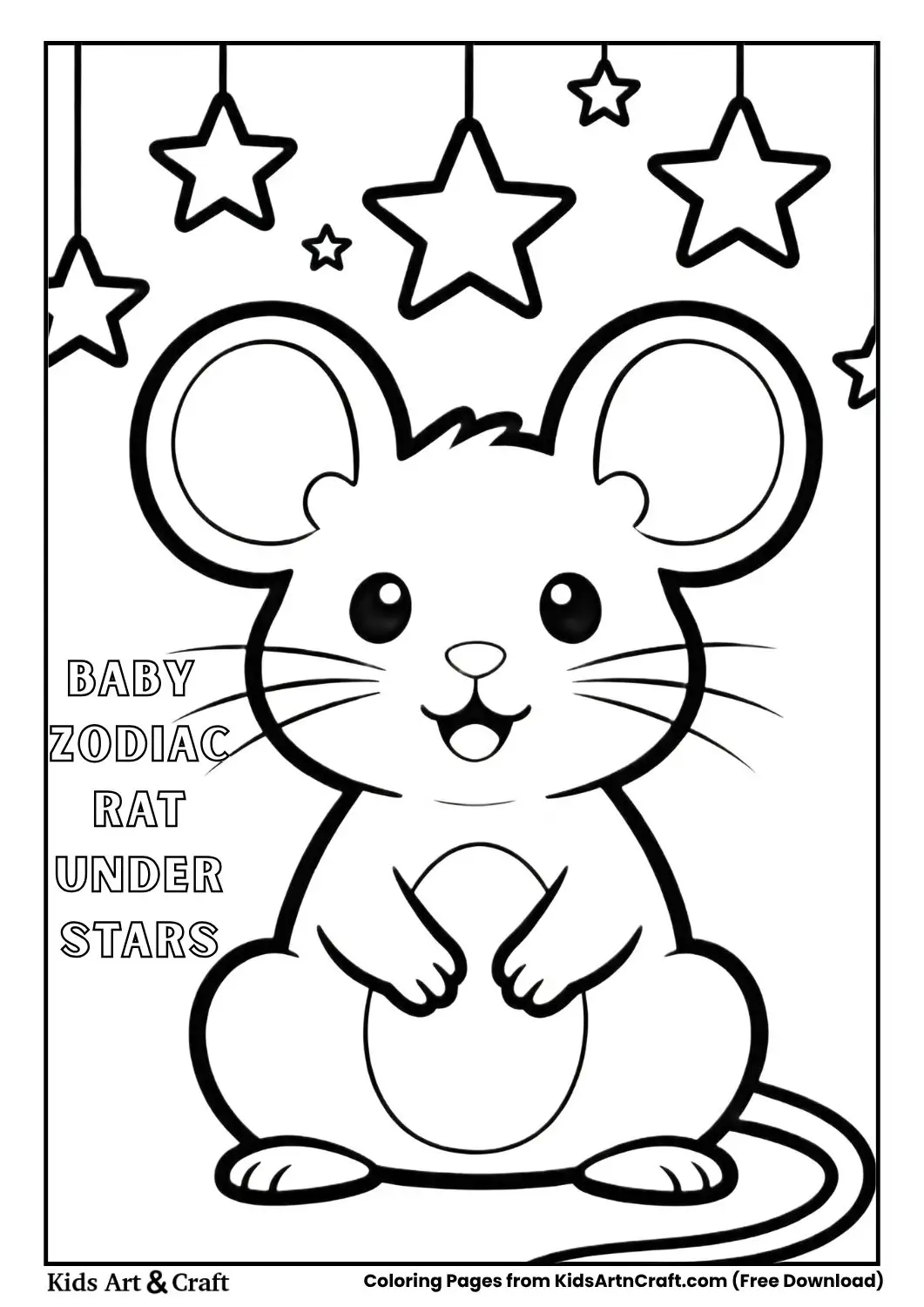 Baby rat sitting under stars simple black and white coloring page for kids