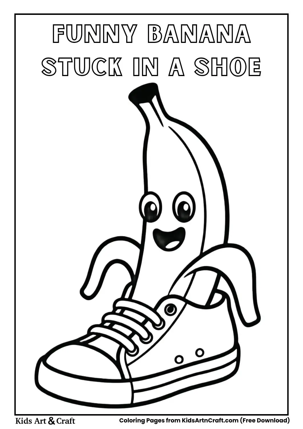 Cartoon banana stuck in a shoe with funny face coloring page