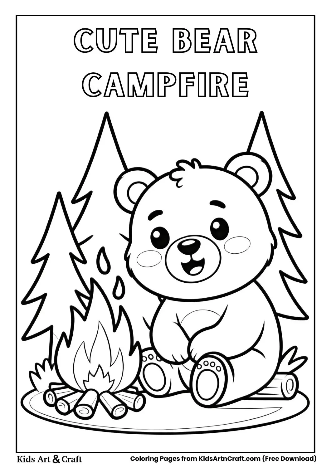 Cute bear sitting by campfire coloring page