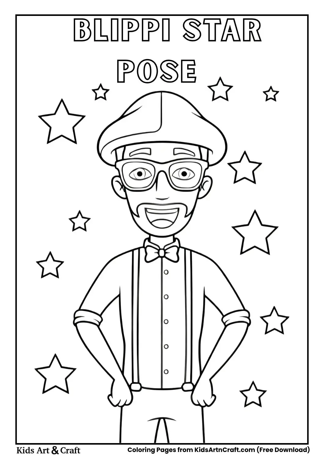 Cartoon man resembling Blippi standing with stars around him