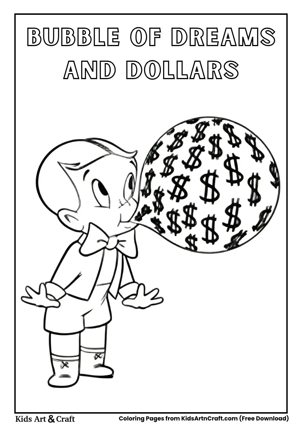 Cartoon boy blowing bubble filled with dollar signs