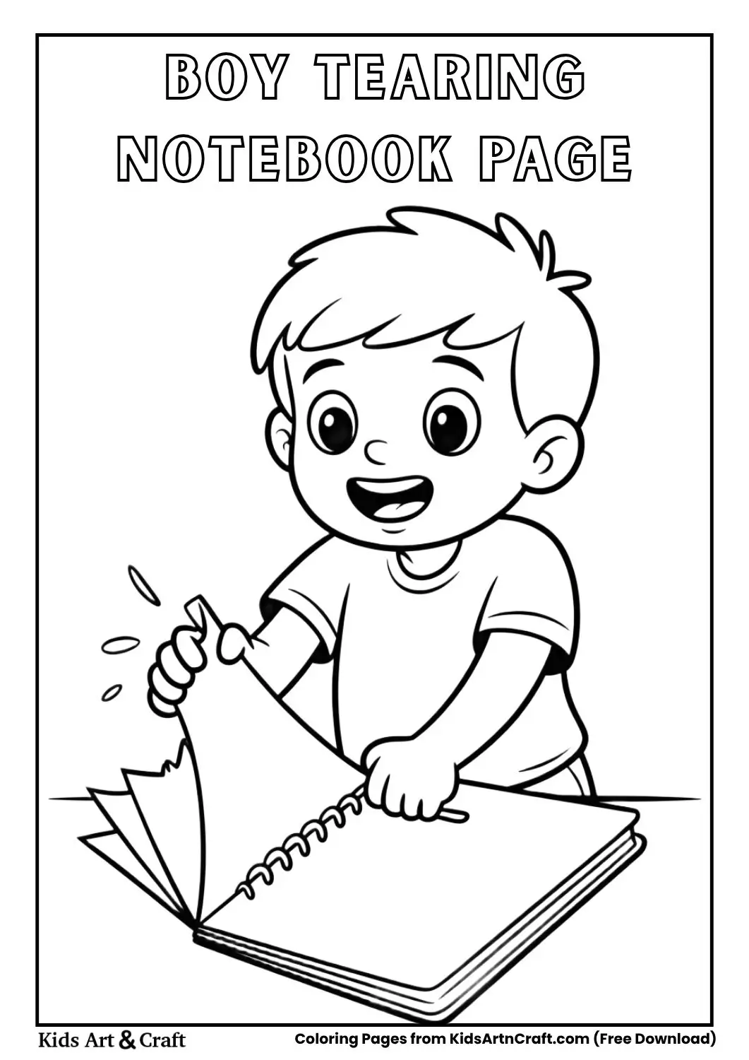 Cartoon boy tearing a notebook page coloring page