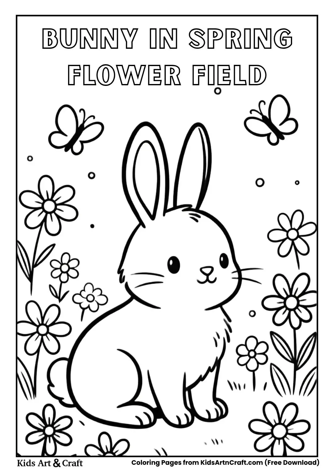 Cute bunny sitting in flower field coloring page for kids