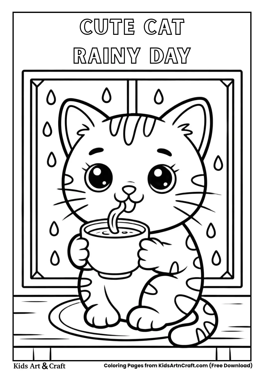 kawaii cat drinking hot chocolate by window rainy day coloring page