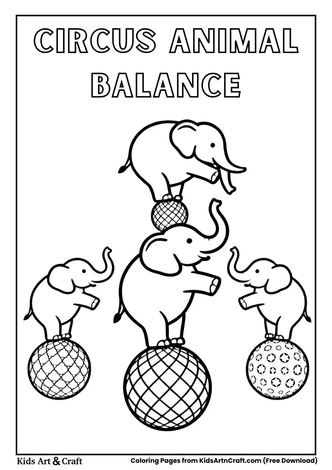 Elephant, monkey, and giraffe balancing on balls in a circus