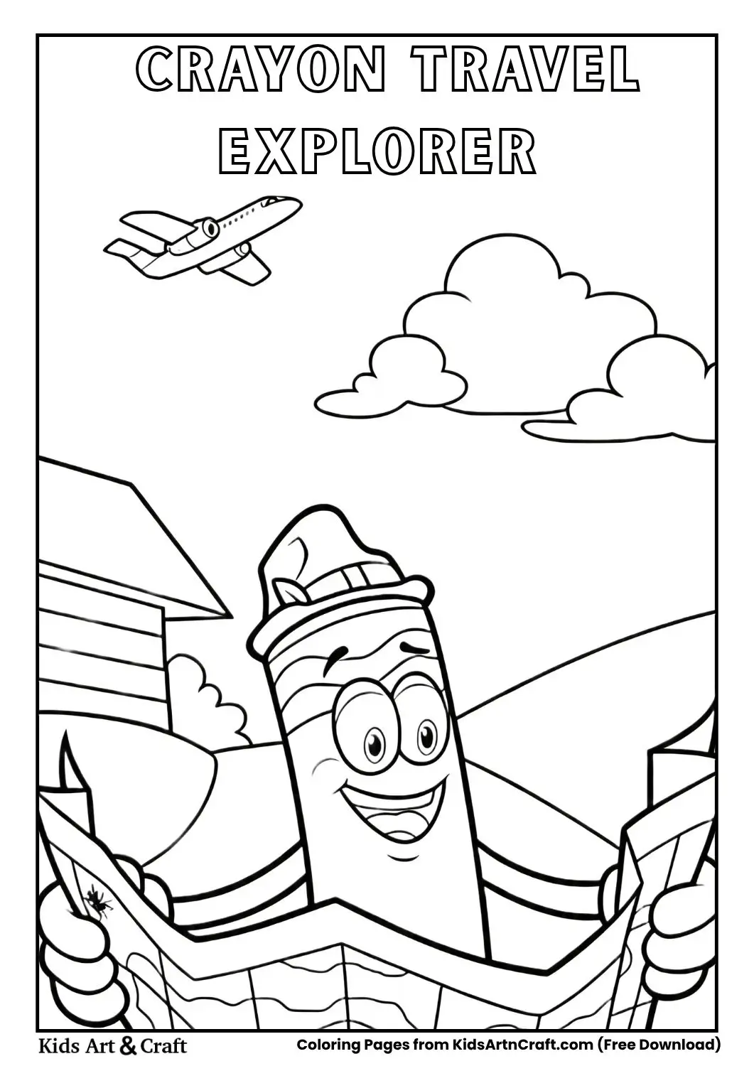 Crayon character holding a map with airplane and clouds