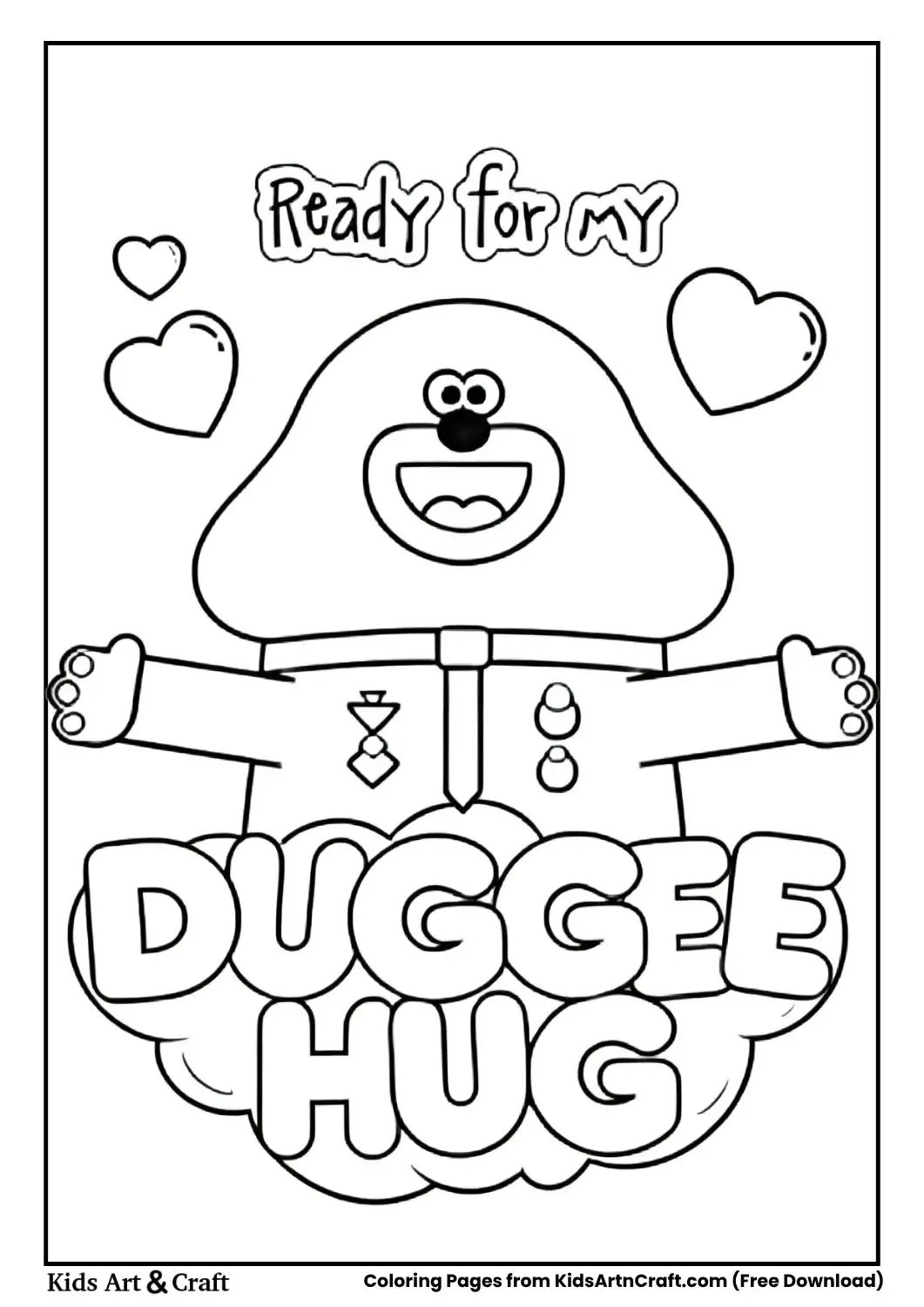 Duggee with open arms and hearts with “DUGGEE HUG” text