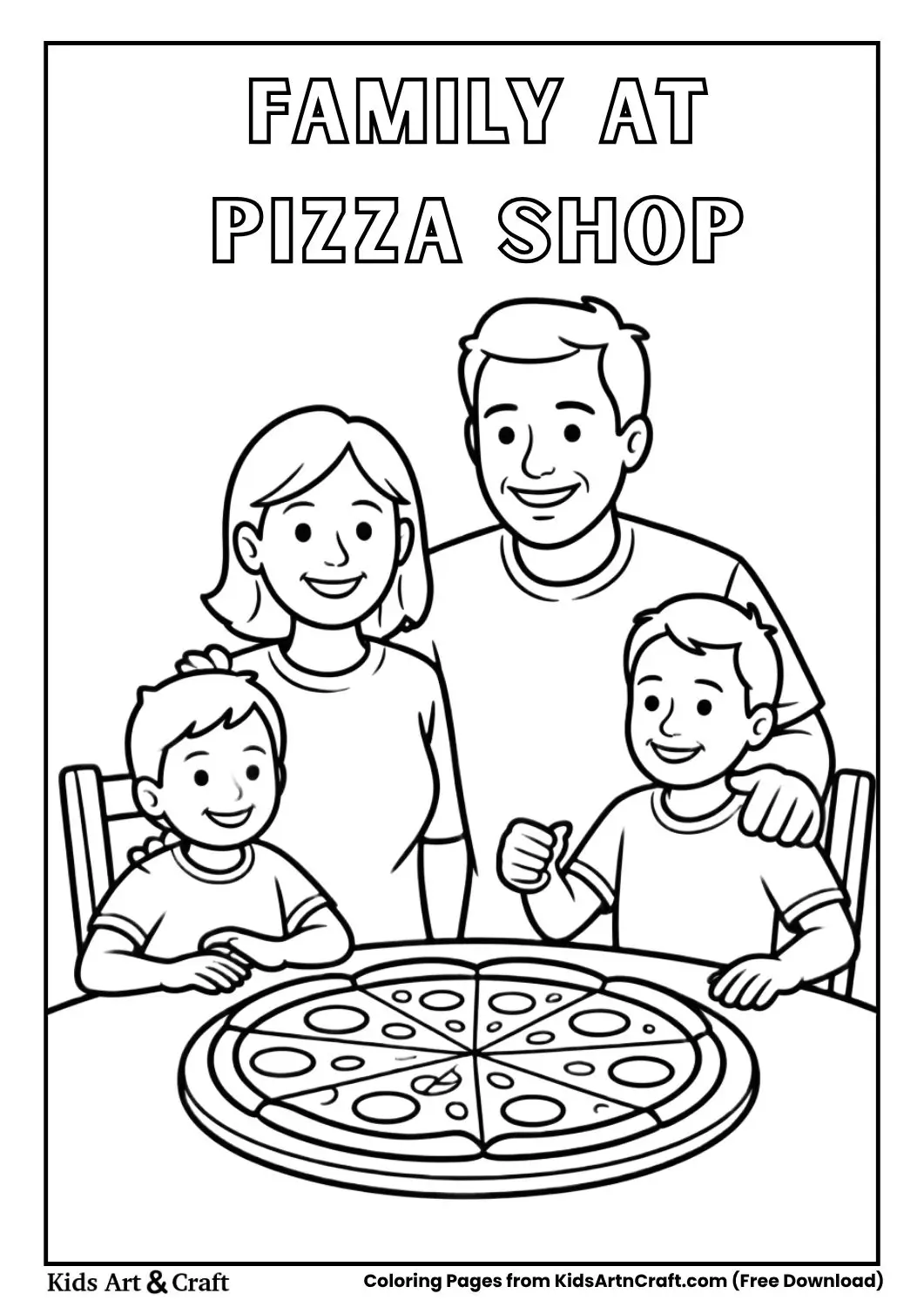 Coloring page of a happy family sitting at a pizza shop table.